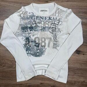 vintage white distressed aeropostale 2000s waffle knit crewneck thermal